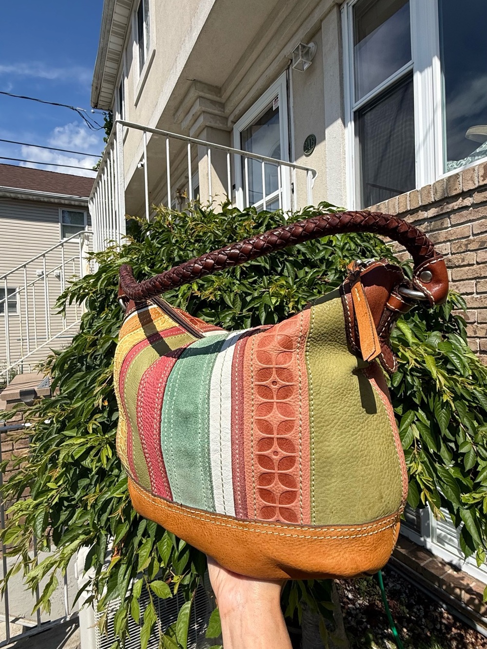 Fossil Patchwork Leather Hobo Bag Boho Y2K Shoulder Purse Multicolor Suede - Picture 2 of 8